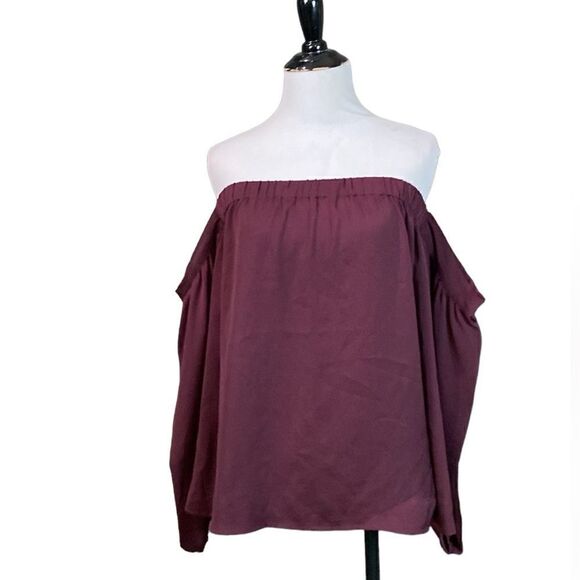 Express Off The bare Shoulder Burgundy Satin Long Sleeve Blouse - Picture 1 of 11